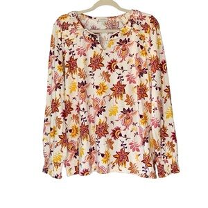 Talbots cotton cream split crewneck with long sleeve with Fall print. EUC Size L